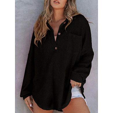 Women's Collared Waffle Knit Henley Half Button Long Sleeve Oversized Tunic Top