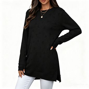 Women's Crew Neck All Over Heart Eyelet Side Slit Long Line Long Sleeve Tunic Top