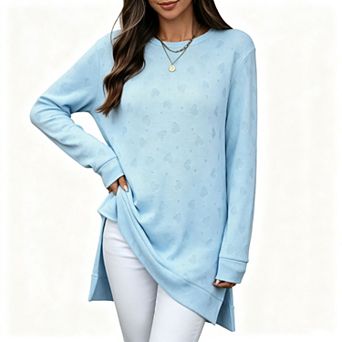 Women's Crew Neck All Over Heart Eyelet Side Slit Long Line Long Sleeve Tunic Top