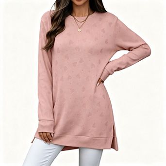 Women's Crew Neck All Over Heart Eyelet Side Slit Long Line Long Sleeve Tunic Top