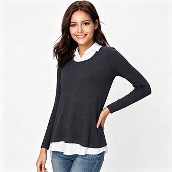 Women's Collared Fake Two Piece Long Sleeve Flared Hem Knit Casual Tunic Top