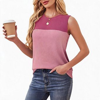 Women's Crew Neck Two Tone Color Block Vertical Rib Knit Sleeveless Tank Top