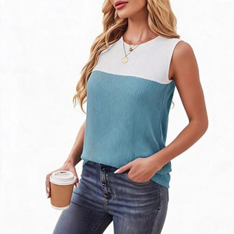 Women's Crew Neck Two Tone Color Block Vertical Rib Knit Sleeveless Tank Top