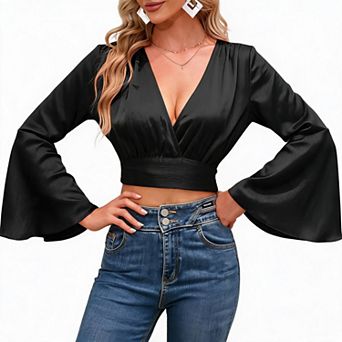 Women's Deep V Wrap Tie Waist Flare Long Sleeve Satin Cropped Blouse