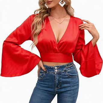 Women's Deep V Wrap Tie Waist Flare Long Sleeve Satin Cropped Blouse