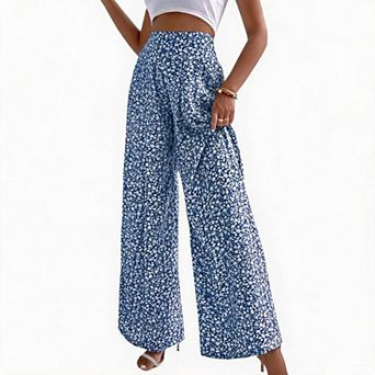 Women High Waist Floral Printed Wide Leg Pants Elastic Waist Flowy Casual Vacation Long Pants