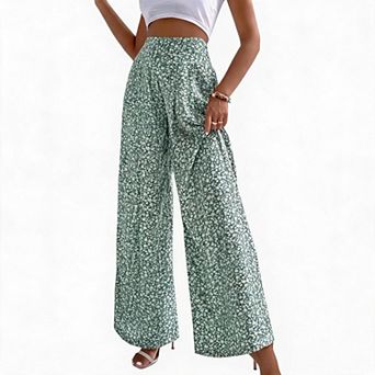 Women High Waist Floral Printed Wide Leg Pants Elastic Waist Flowy Casual Vacation Long Pants
