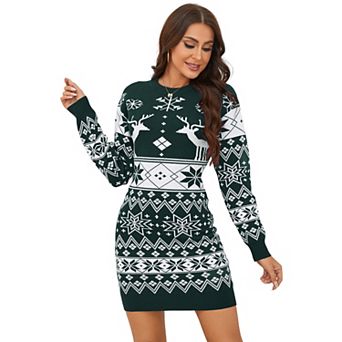 Womens Long Sleeve Christmas Sweater Dress Reindeer Snowflake Jacquard Crew Neck Mini Bodycon Dress