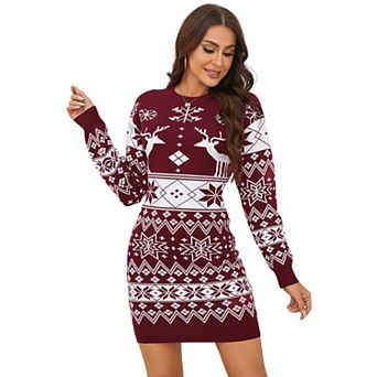 Womens Long Sleeve Christmas Sweater Dress Reindeer Snowflake Jacquard Crew Neck Mini Bodycon Dress