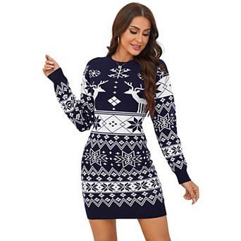Womens Long Sleeve Christmas Sweater Dress Reindeer Snowflake Jacquard Crew Neck Mini Bodycon Dress
