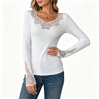 Women's V Neck Floral Lace Rhinestone Trim Ribbed Long Sleeve Fitted Knit Top