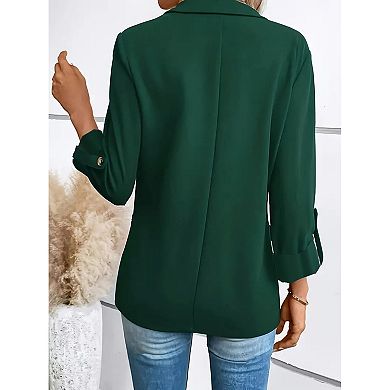 Women Notch Lapel Roll Tab Long Sleeve Blazer Solid Color Casual Office Suit Jacket with Pockets