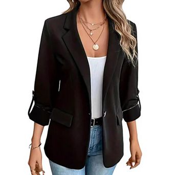 Women Notch Lapel Roll Tab Long Sleeve Blazer Solid Color Casual Office Suit Jacket with Pockets