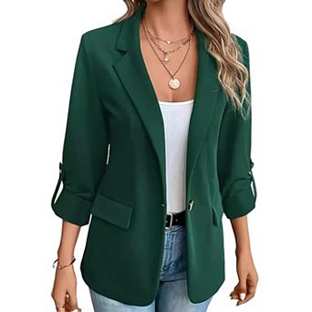 Women Notch Lapel Roll Tab Long Sleeve Blazer Solid Color Casual Office Suit Jacket with Pockets