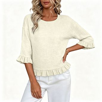 Women's Crew Neck Crinkle Textured Ruffle Hem 3/4 Bell Sleeve Casual Woven Blouse