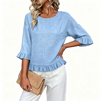 Women's Crew Neck Crinkle Textured Ruffle Hem 3/4 Bell Sleeve Casual Woven Blouse