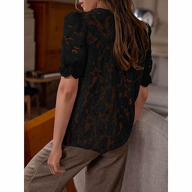 Women's Stand Collar Floral Lace Puff Short Sleeve Button Down Sheer Blouse