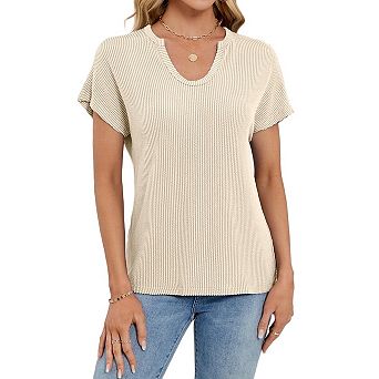 Womens Casual Short Sleeve V Neck Knit Tops Loose Fit Solid Pullover Blouses Summer Outfits