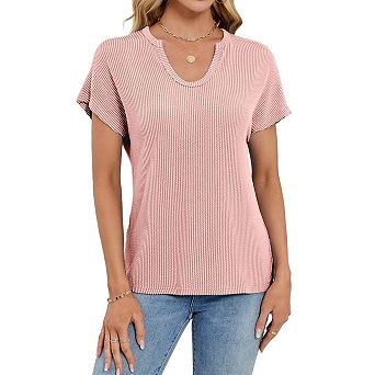 Womens Casual Short Sleeve V Neck Knit Tops Loose Fit Solid Pullover Blouses Summer Outfits