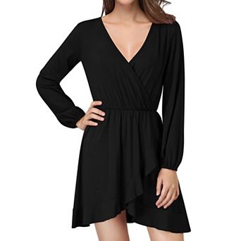 Women V Neck Long Sleeve Dress Elastic Waist Ruffle Hem Casual Flowy Short Dress