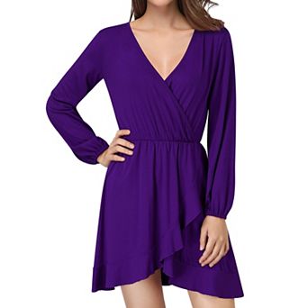 Women V Neck Long Sleeve Dress Elastic Waist Ruffle Hem Casual Flowy Short Dress