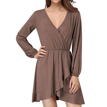 Women V Neck Long Sleeve Dress Elastic Waist Ruffle Hem Casual Flowy Short Dress