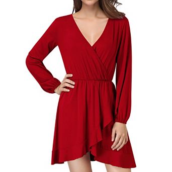 Women V Neck Long Sleeve Dress Elastic Waist Ruffle Hem Casual Flowy Short Dress