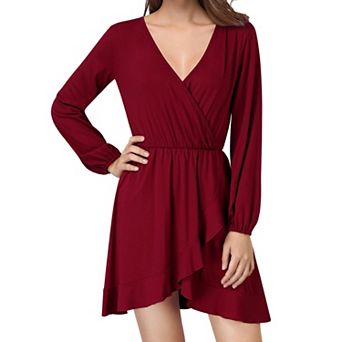 Women V Neck Long Sleeve Dress Elastic Waist Ruffle Hem Casual Flowy Short Dress