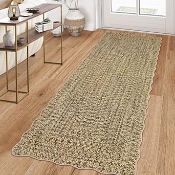 Braided Look Area Rug Washable Living Room Non Slip Scalloped Low Pile Carpet