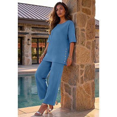 Roaman's Women's Plus Size French Terry Wide-Leg Cropped Pant Set
