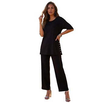 Roaman's Women's Plus Size French Terry Wide-Leg Cropped Pant Set
