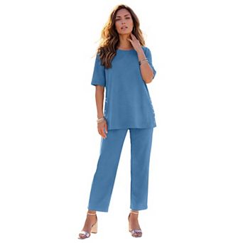 Roaman's Women's Plus Size French Terry Wide-Leg Cropped Pant Set