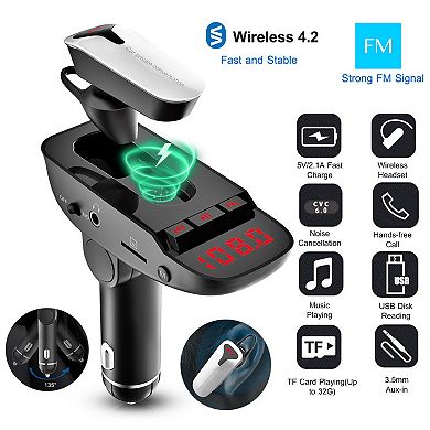 Car FM Transmitter with Earpiece Dual USB & Hands-Free MP3