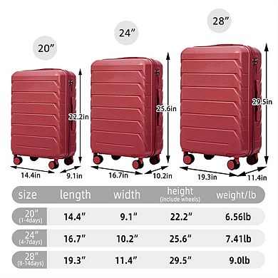 3 Pcs/Set ABS Spinner Wheel Luggage - Carry On Suitcase, Matching Color,Combination Lock
