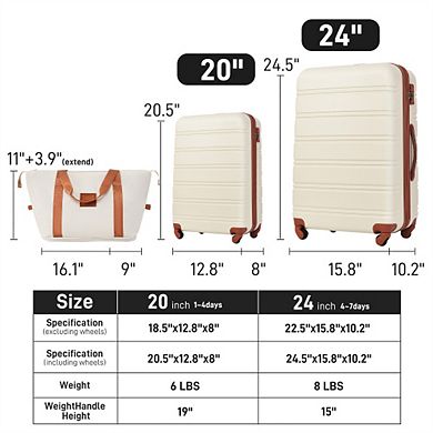 Hardshell Luggage Sets 2Pcs + Bag,ABS Spinner Suitcase with TSA Lock,20"/24" Expandable,360° Spinner