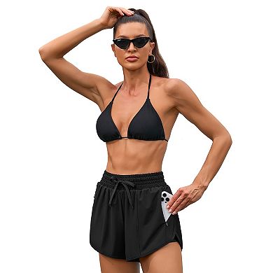 Charmo Women Quick Dry Elastic Waist Drawstring Swim Shorts with Liner