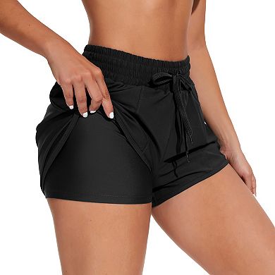 Charmo Women Quick Dry Elastic Waist Drawstring Swim Shorts with Liner
