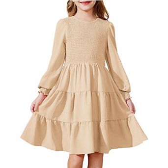 Arshiner Girls Dress Fall Boho Long Sleeve Shirred Smocked Tiered Party Dresses With Pockets