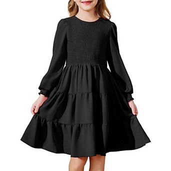 Arshiner Girls Dress Fall Boho Long Sleeve Shirred Smocked Tiered Party Dresses With Pockets