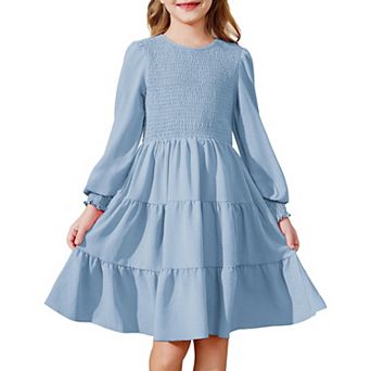 Arshiner Girls Dress Fall Boho Long Sleeve Shirred Smocked Tiered Party Dresses With Pockets