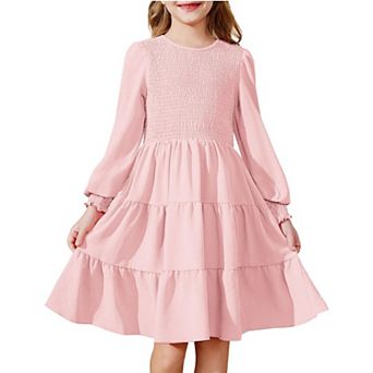 Arshiner Girls Dress Fall Boho Long Sleeve Shirred Smocked Tiered Party Dresses With Pockets