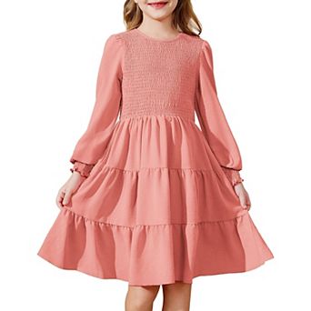 Arshiner Girls Dress Fall Boho Long Sleeve Shirred Smocked Tiered Party Dresses With Pockets