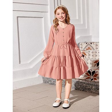 Arshiner Girls Dresses Fall Long Sleeve Tween V Neck Button Ruffle Tiered Flowy Swing Dress