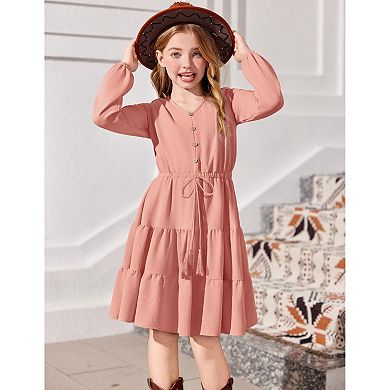 Arshiner Girls Dresses Fall Long Sleeve Tween V Neck Button Ruffle Tiered Flowy Swing Dress
