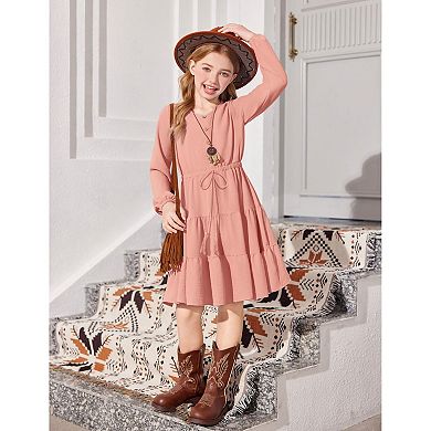 Arshiner Girls Dresses Fall Long Sleeve Tween V Neck Button Ruffle Tiered Flowy Swing Dress