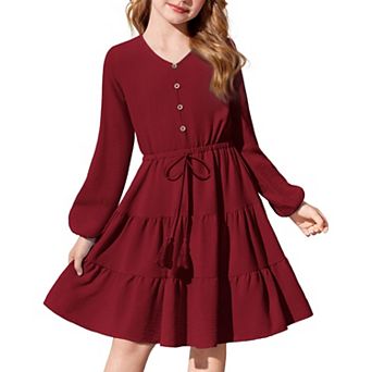 Arshiner Girls Dresses Fall Long Sleeve Tween V Neck Button Ruffle Tiered Flowy Swing Dress