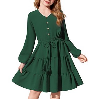 Arshiner Girls Dresses Fall Long Sleeve Tween V Neck Button Ruffle Tiered Flowy Swing Dress