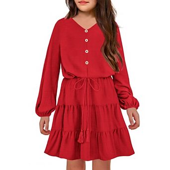 Arshiner Girls Dresses Fall Long Sleeve Tween V Neck Button Ruffle Tiered Flowy Swing Dress