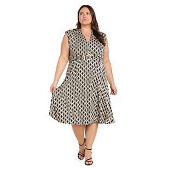 Plus Size R&M Richards Printed Jersey Ruched Waist Fit & Flare Dress