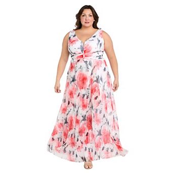 Plus Size R&M Richards Floral Metallic Pleated V-Neck Maxi Dress